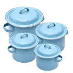 Комплект Емайлирани тенджери - 8 части, Синьо, Размери: Ø18, 20, 22, 24 см, Бял интериор и предпазен пръстен