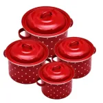 Комплект Емайлирани тенджери - 8 части, Червени на бели точици, Размери: Ø18, 20, 22, 24 см, Бял интериор и предпазен пръстен