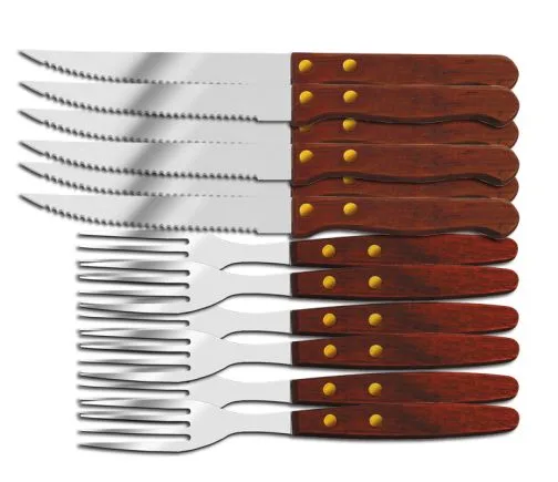 Комплект ножове и вилици EK-7 MX - 12 части, Неръждаема стомана, Дървени дръжки