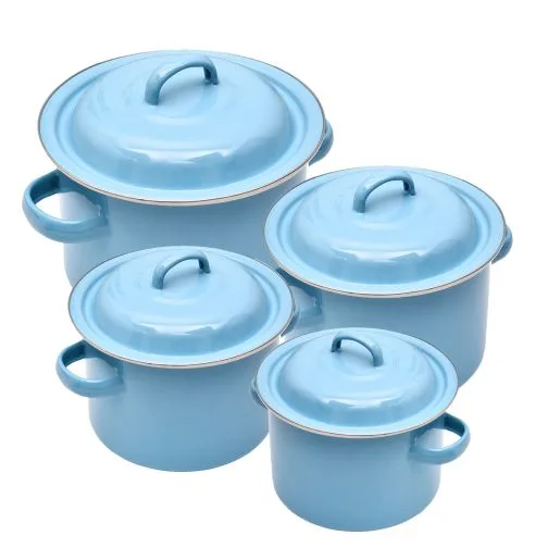 Комплект Емайлирани тенджери - 8 части, Синьо, Размери: Ø18, 20, 22, 24 см, Бял интериор и предпазен пръстен